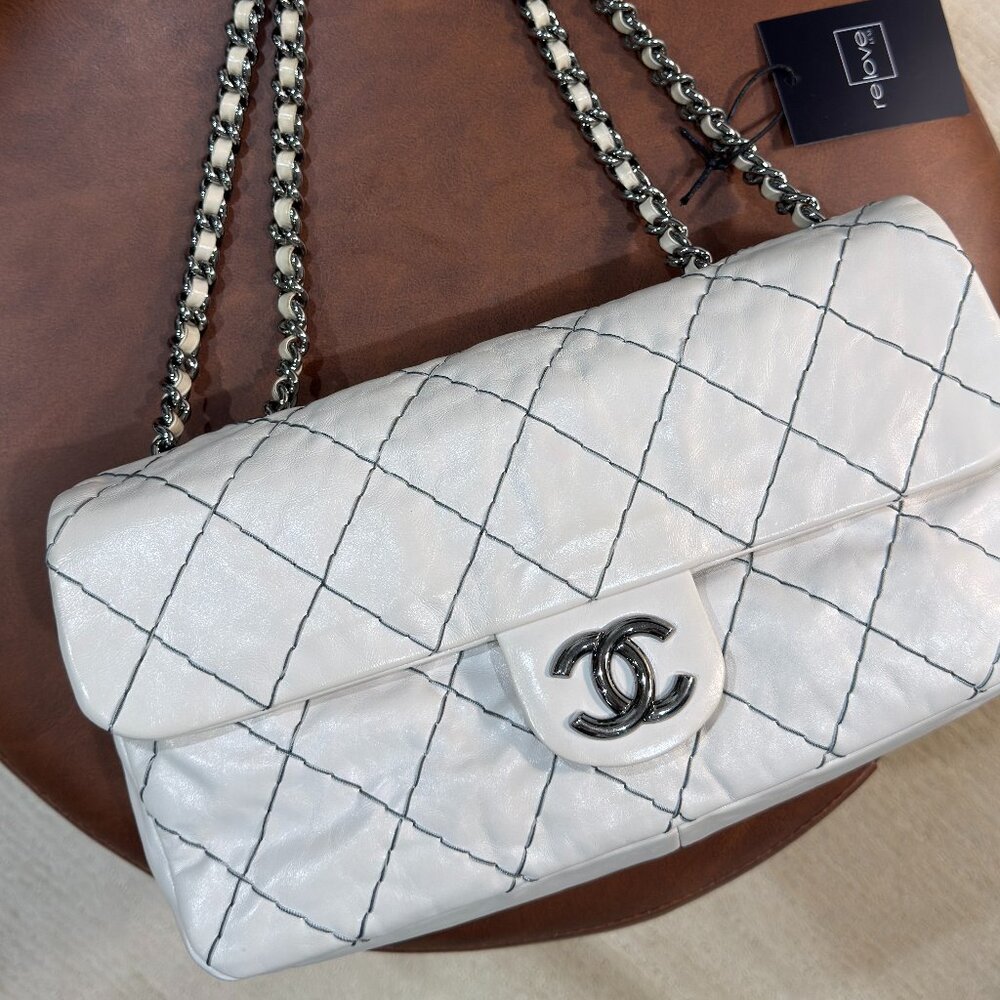 CHANEL - Vintage Double Stitch Flap Bag, Ivory
